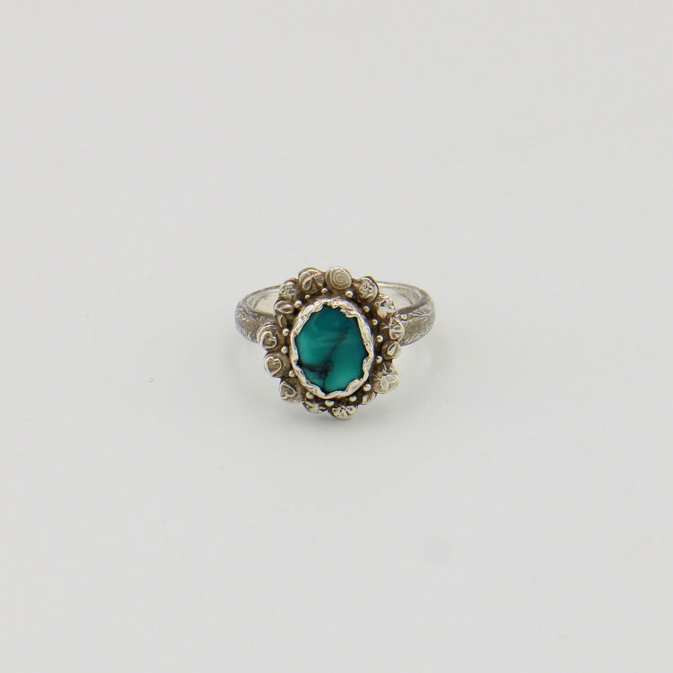 Turquoise Sterling Stamped Flower Ring - Size 8
