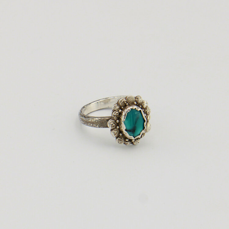 Turquoise Sterling Stamped Flower Ring - Size 8