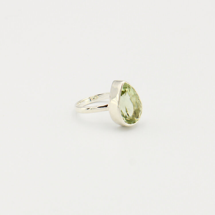 Green Amethyst Pear Sterling Ring Sz 6