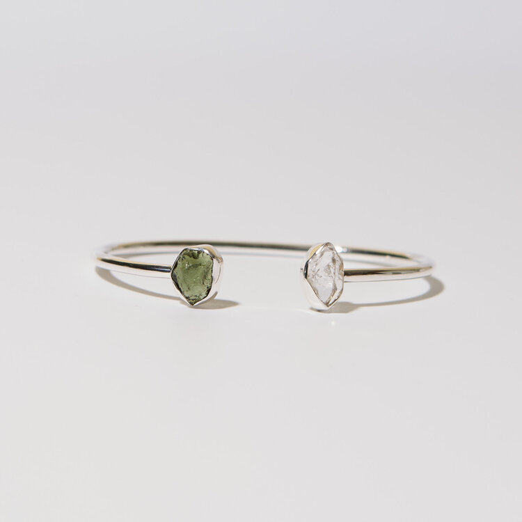 Moldavite & Herkimer Sterling Cuff