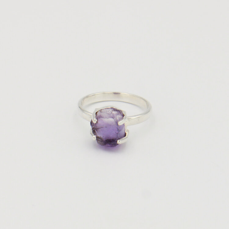 Raw Amethyst Prong Sterling Ring Sz 8