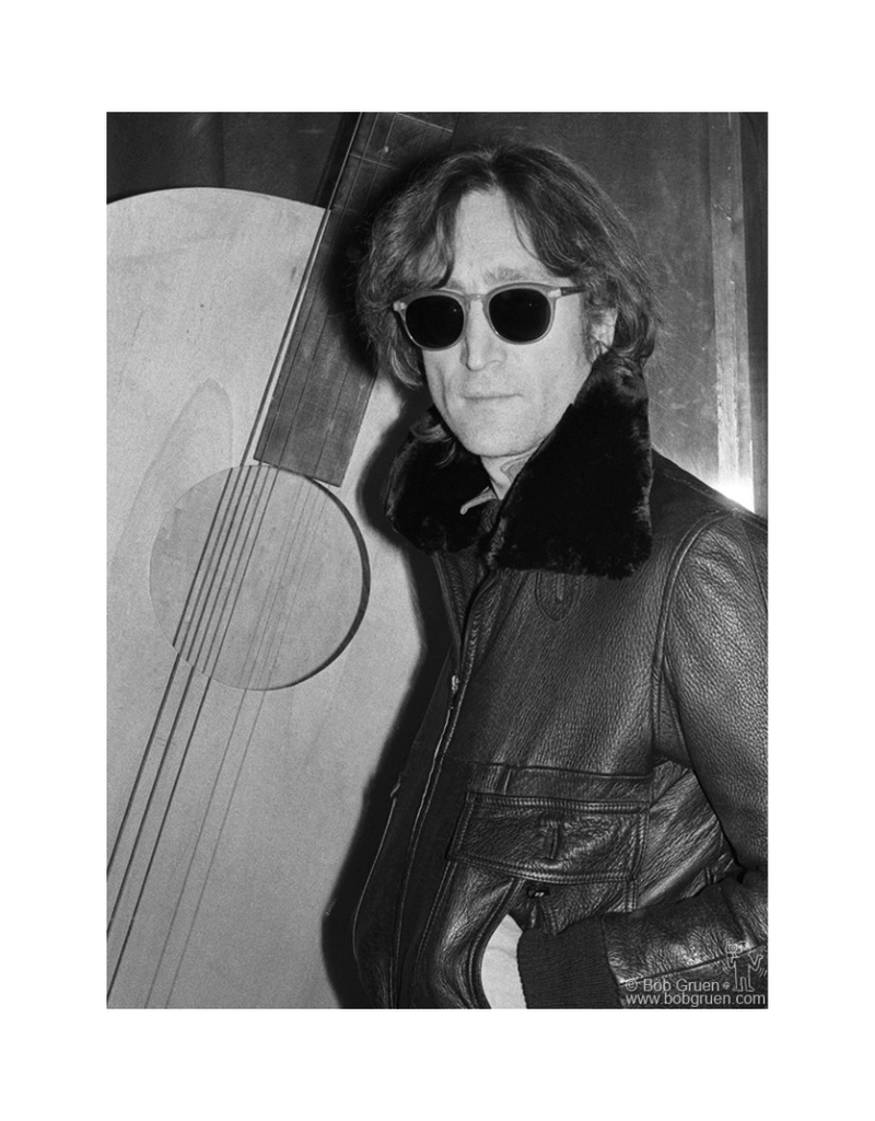 Gruen John Lennon wearing a black leather jacket, Record Plant, NYC 1980 by Bob  Gruen