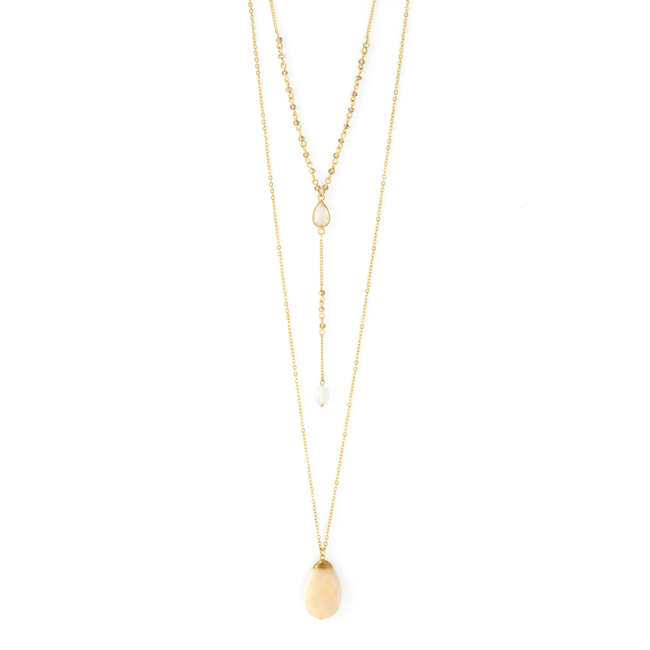 Layered Necklace with Peach Teardrop Stone, Gold