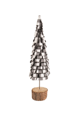 Sapin décoratif avec base en bois et feuilles en tissu tartan noir et blanc(16.5'' de haut)