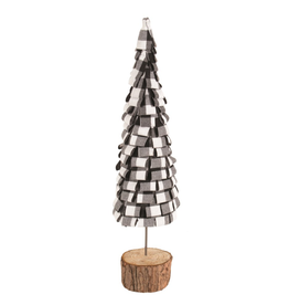 Sapin décoratif avec base en bois et feuilles en tissu tartan noir et blanc(16.5'' de haut)