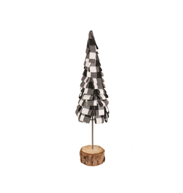 Arbre décoratif avec base en bois et feuille en tissu tartan noir et blanc(13'' de hauteur)