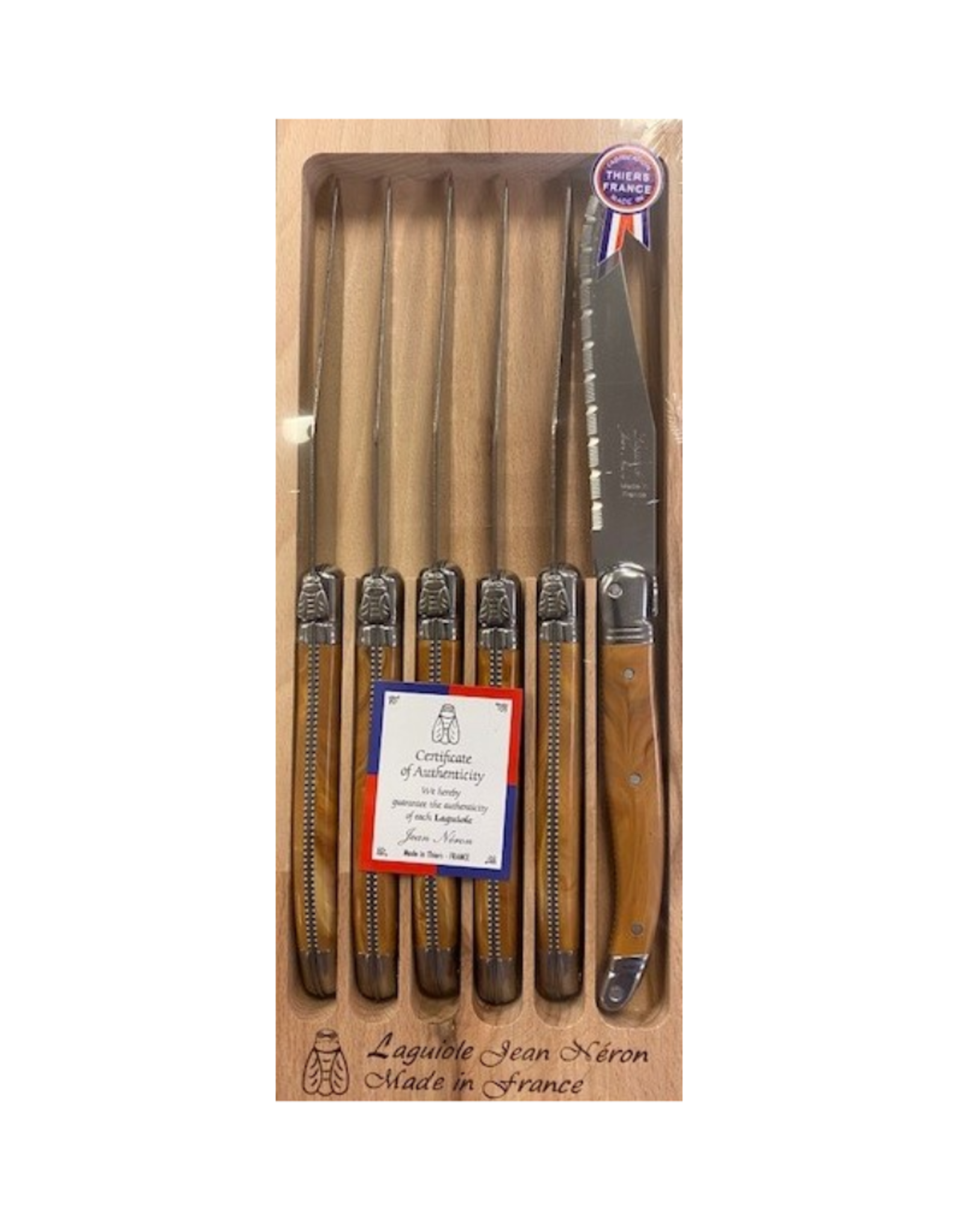 Jean Néron Ens. 6 couteaux à steak Laguiole couleur bois d'olivier