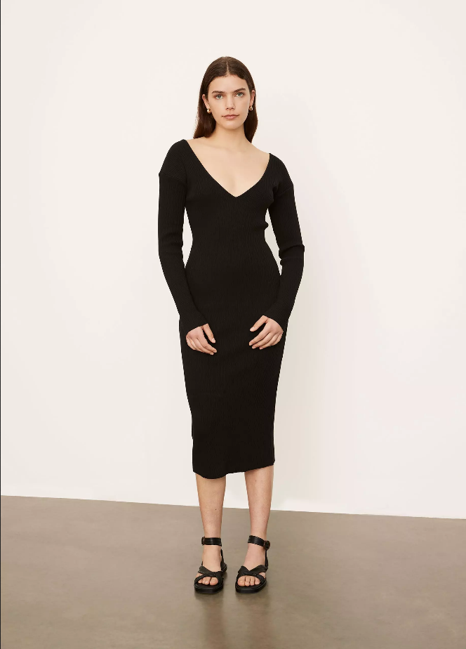 Long Sleeve V-Neck Ribbed Dress - - Kiki