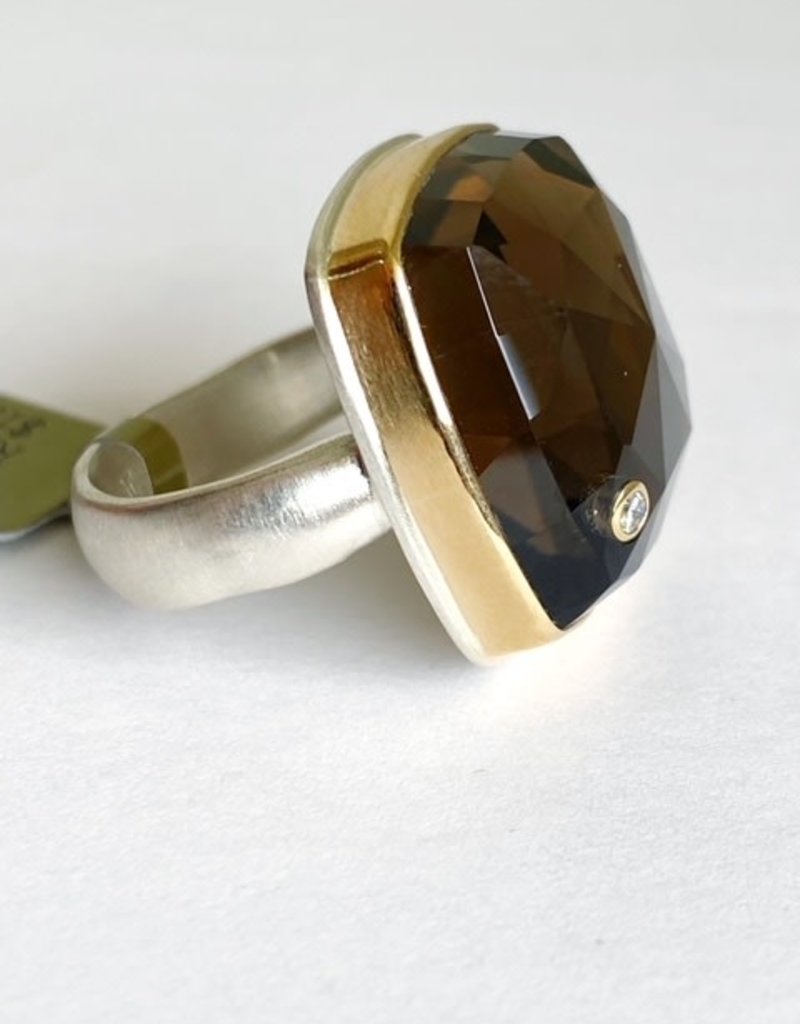 JAMIE JOSEPH Square Smoky Quartz with Diamond Ring - Size 7.5