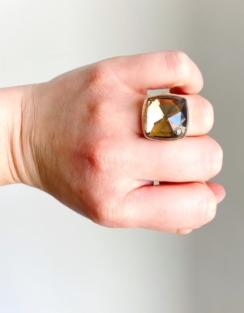 JAMIE JOSEPH Square Smoky Quartz with Diamond Ring - Size 7.5