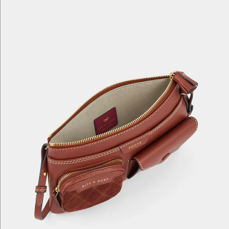 Multi Pocket Pouch on Strap - Suede & Walnut Shiny Grain - Kiki