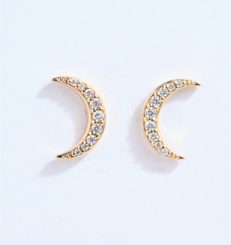 302 COLLECTION 14K Crescent Moon and Diamond Stud Earrings