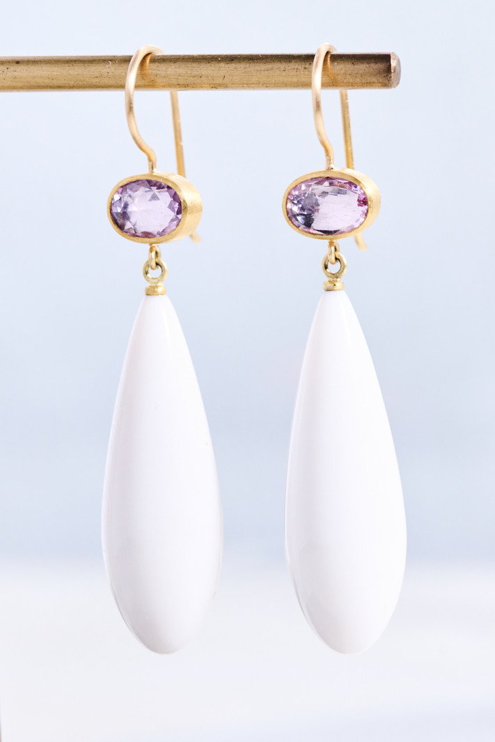 MALLARY MARKS Pink Sapphire and White Cacholong Opal Apple and Eve Earrings