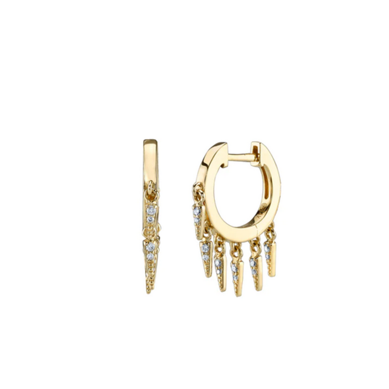 Pave Diamond Fringe Yellow Gold Drop Hoop Earrings