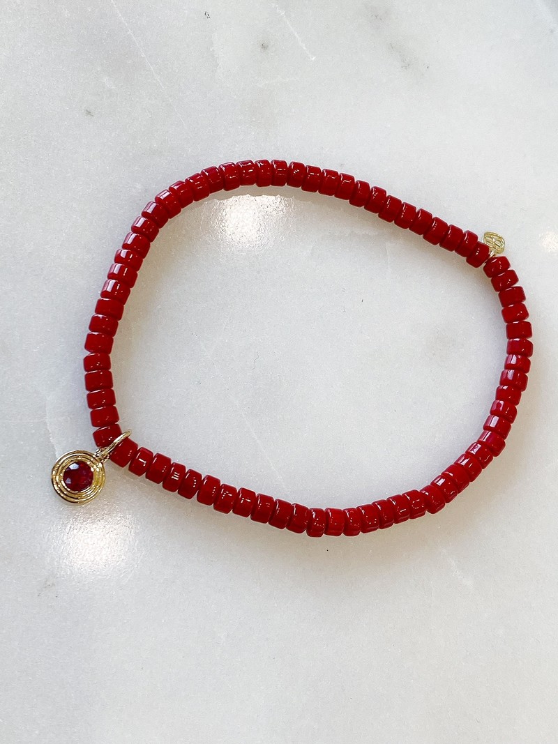 SYDNEY EVAN Fluted Single Stone on Red Smooth Heishi Bracelet