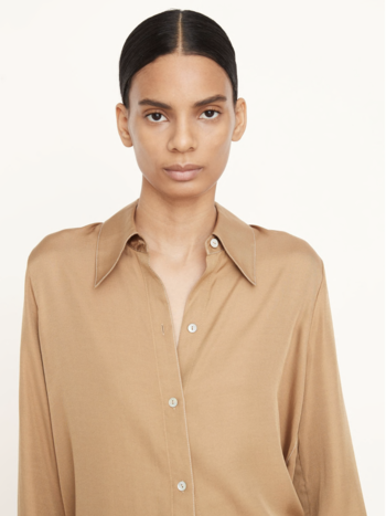 VINCE Easy Silk-Blend Button Front Blouse - Camel