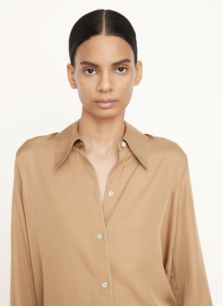 VINCE Easy Silk-Blend Button Front Blouse - Camel