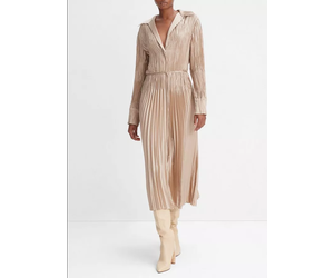 Pintuck Pleated Shirt Dress - Pale Nut - Kiki