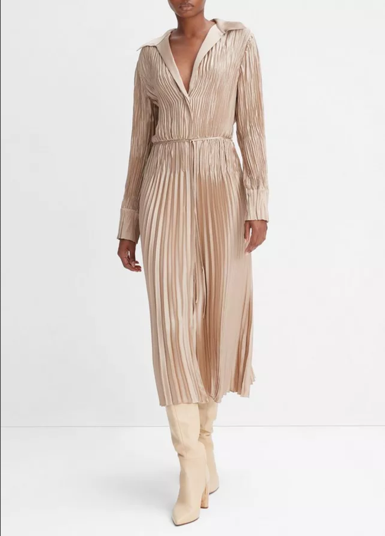 VINCE Pintuck Pleated Shirt Dress - Pale Nut