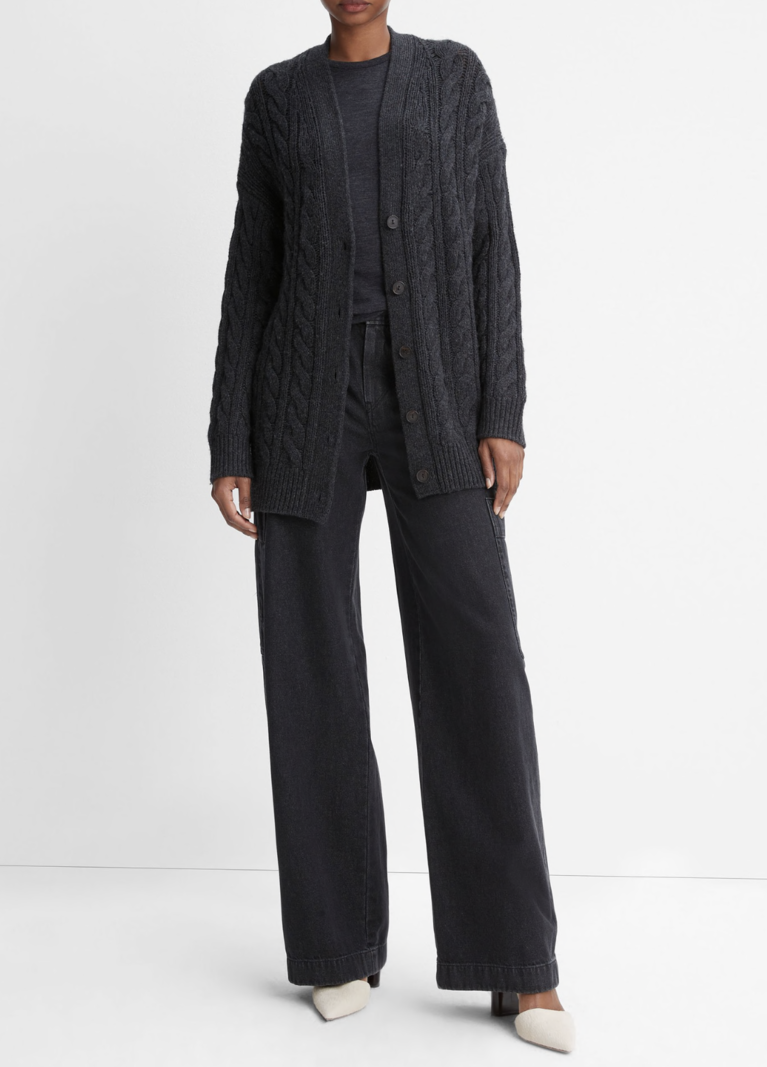 VINCE Twisted Cable Oversized Cardigan - Heather Charcoal