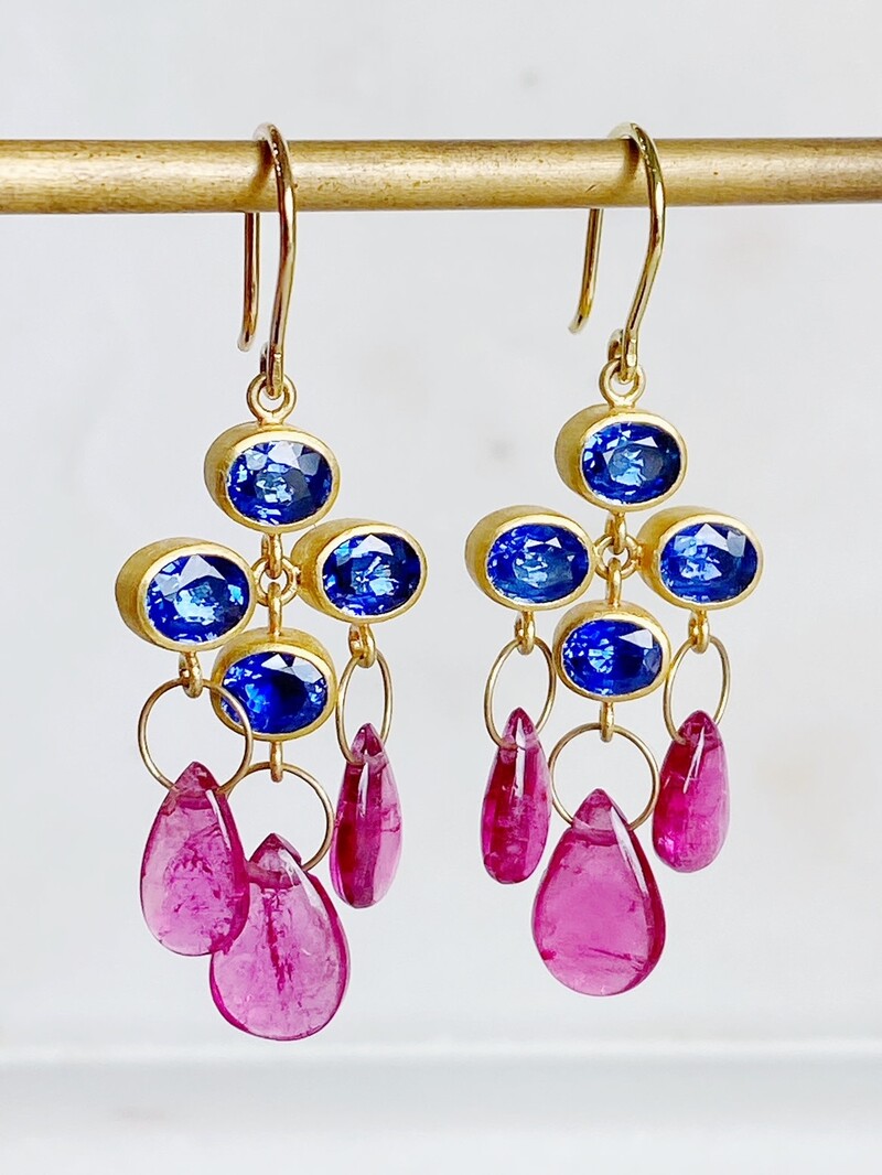 MALLARY MARKS Blue Sapphire and Rubellite Briolette Trapeze Earrings