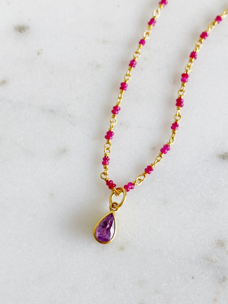 MALLARY MARKS Spun Sugar Necklace - Dark Red Ruby and Pink Purple Sapphire Drop