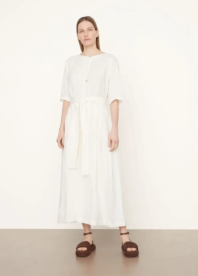 VINCE Linen-Cotton Belted Boat Neck Dress - Optic White