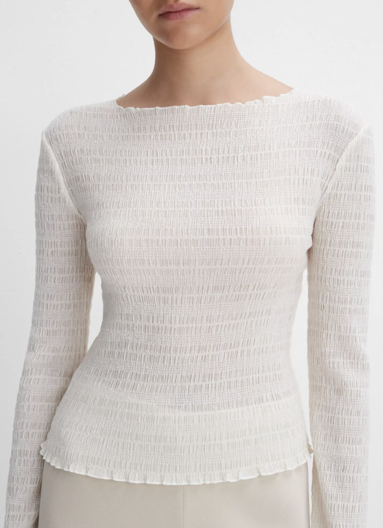 VINCE Smocked Long Sleeve Top - Off White