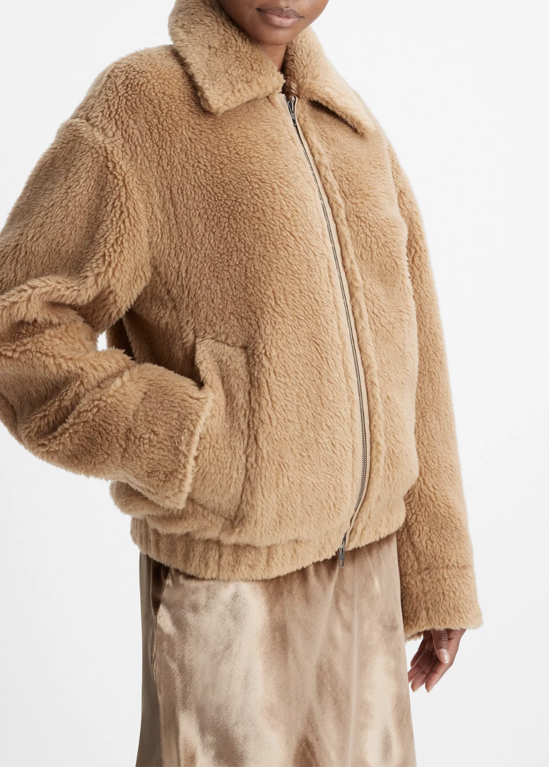 VINCE Faux Shearling Bomber Jacket - Sandshell