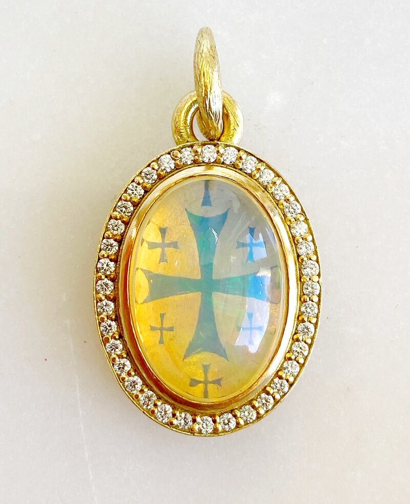 ERICA MOLINARI 18K Enamel Cross with Ethiopian Opal and Diamond Oval Charm