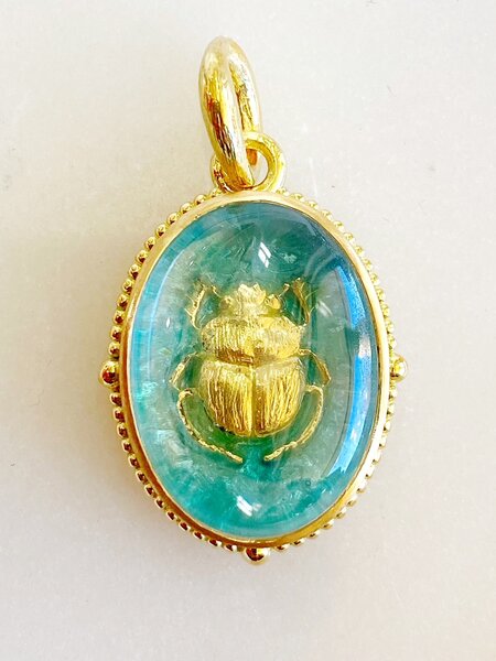 ERICA MOLINARI 18K White Sapphire and Crystal Mint Oval Scarab Charm