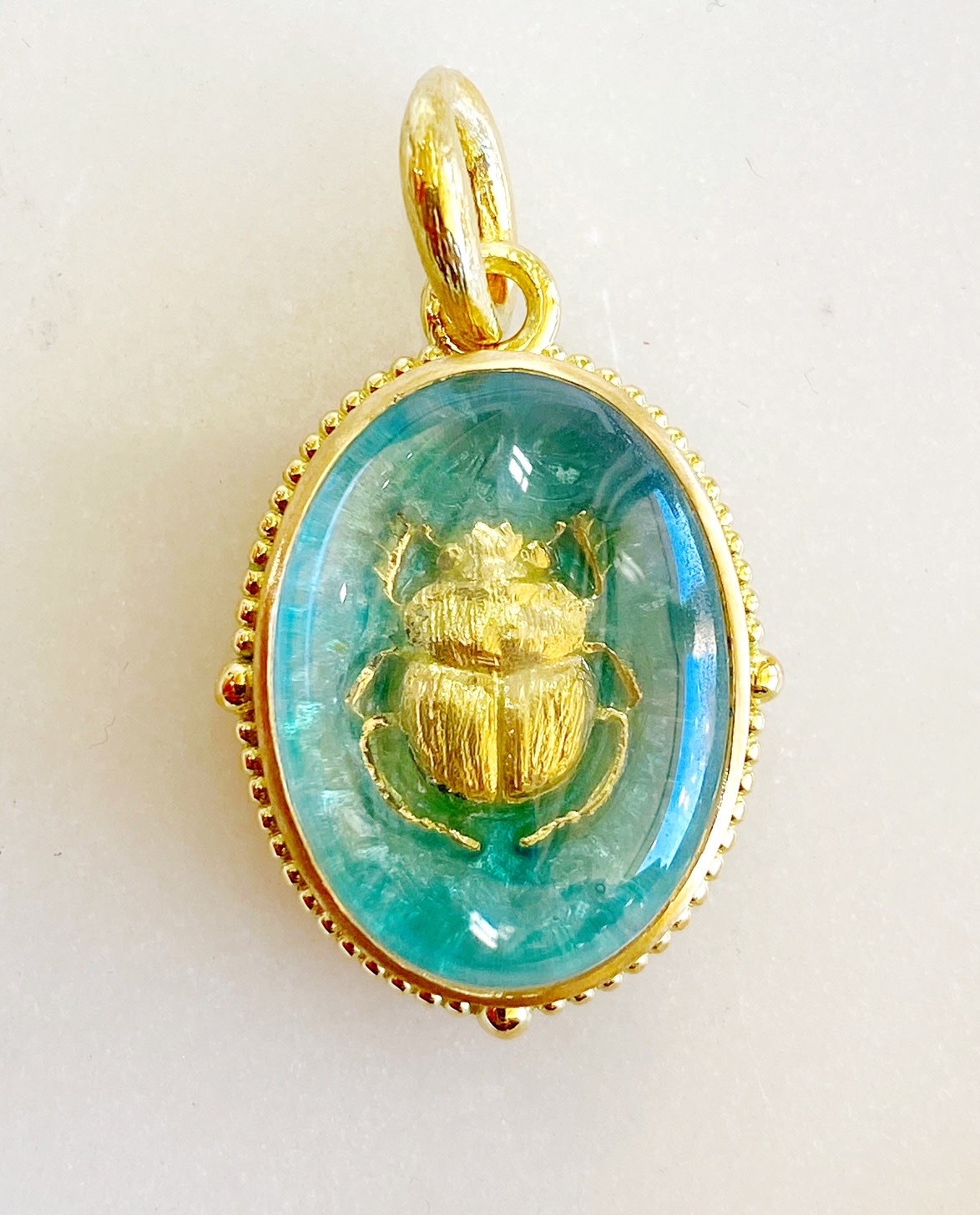 ERICA MOLINARI 18K White Sapphire and Crystal Mint Oval Scarab Charm