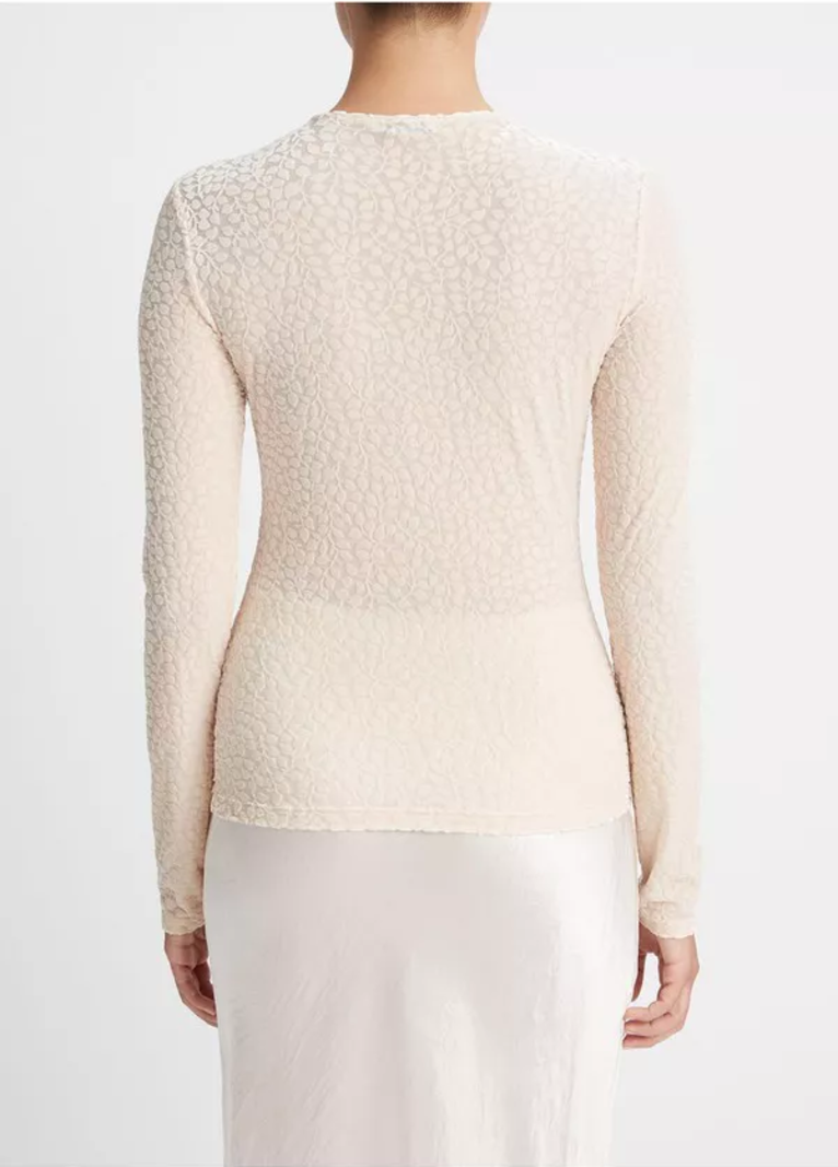 VINCE Long Sleeve Velour Burnout Top - Champagne