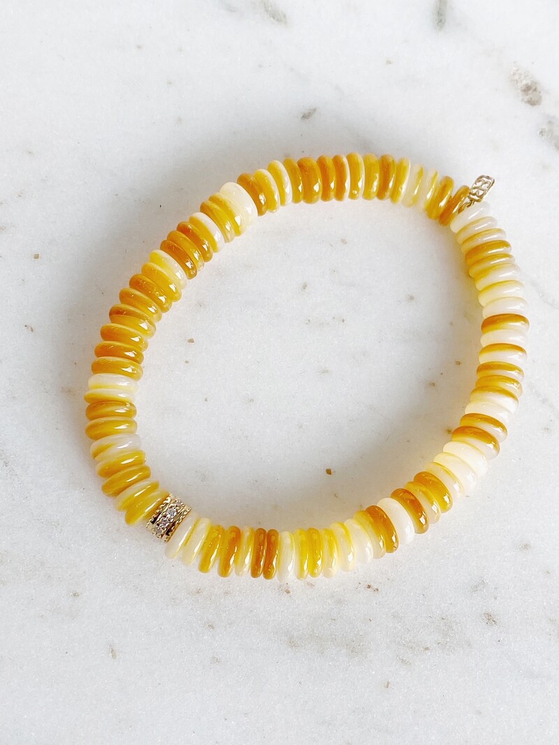 SYDNEY EVAN Scallop Edge Rondelle on Yellow Mother of Pearl Heishi Bracelet