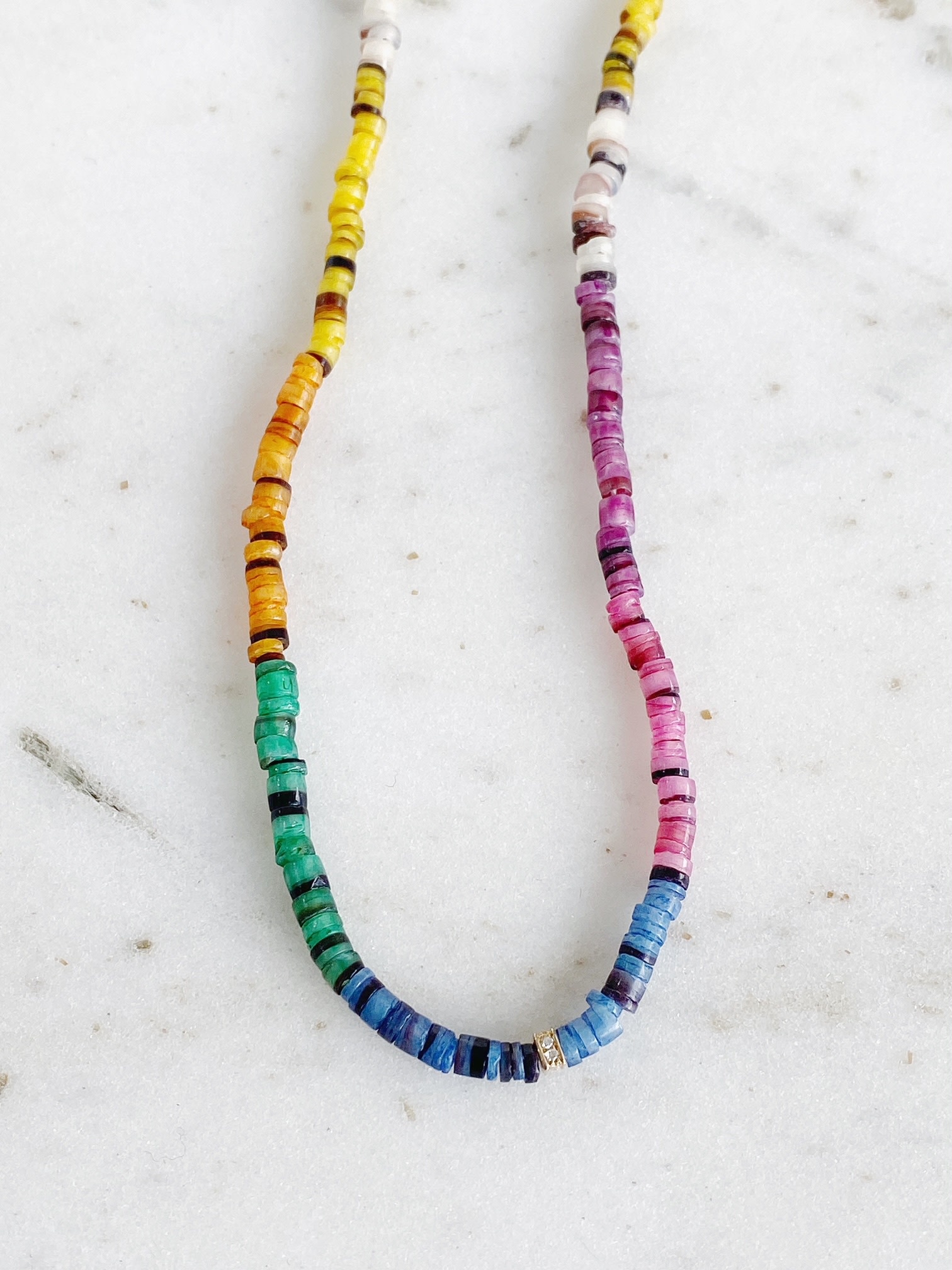 SYDNEY EVAN Small Rainbow Heishi with Pave Rectangle Bead Necklace