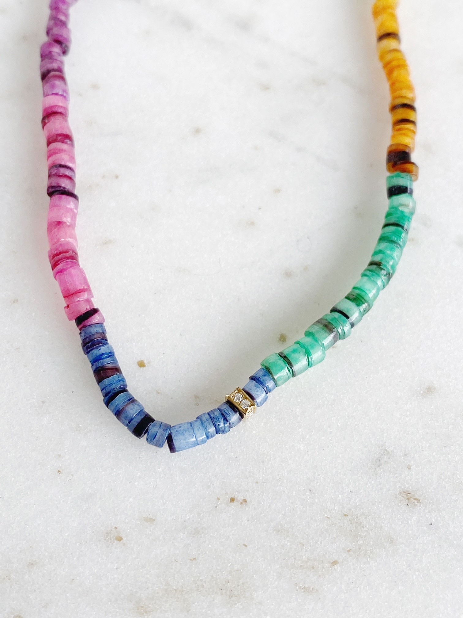 SYDNEY EVAN Small Rainbow Heishi with Pave Rectangle Bead Necklace