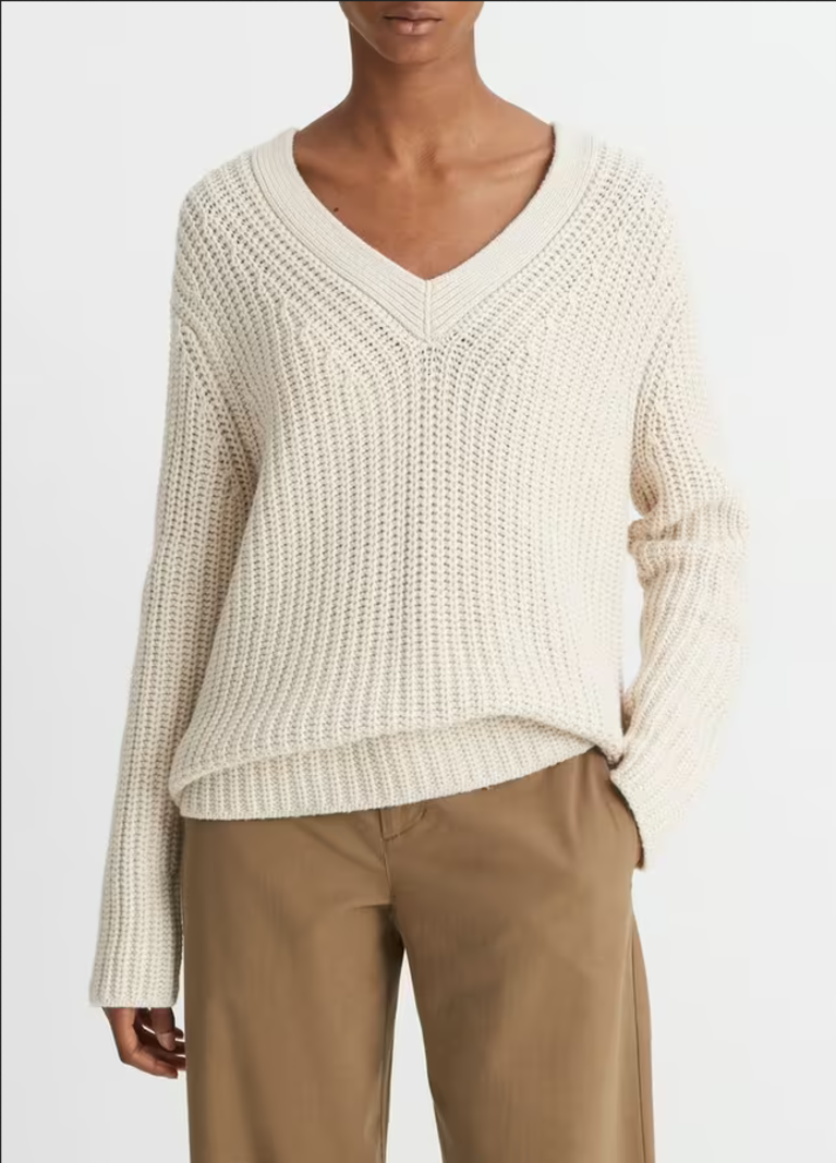 VINCE Shaker Stitch V-Neck Sweater - Light White Sand