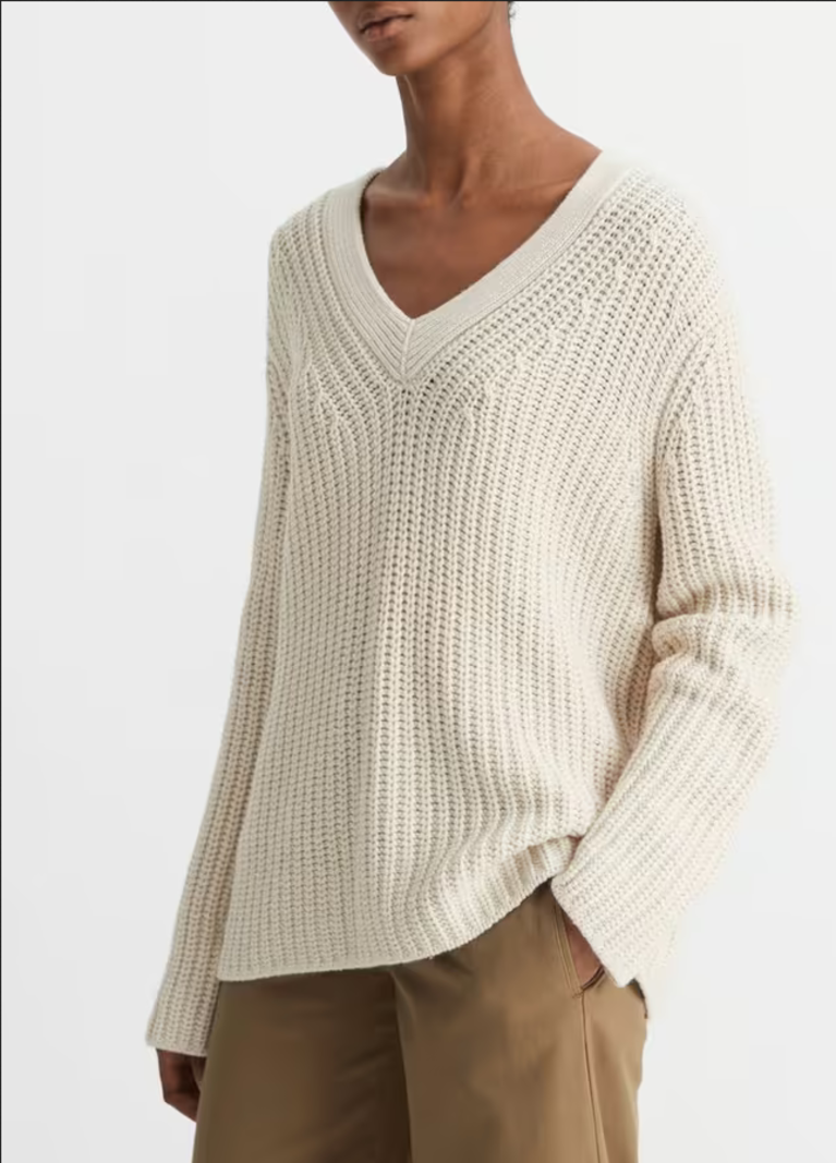 Shaker Stitch V-Neck Sweater - Light White Sand - Kiki