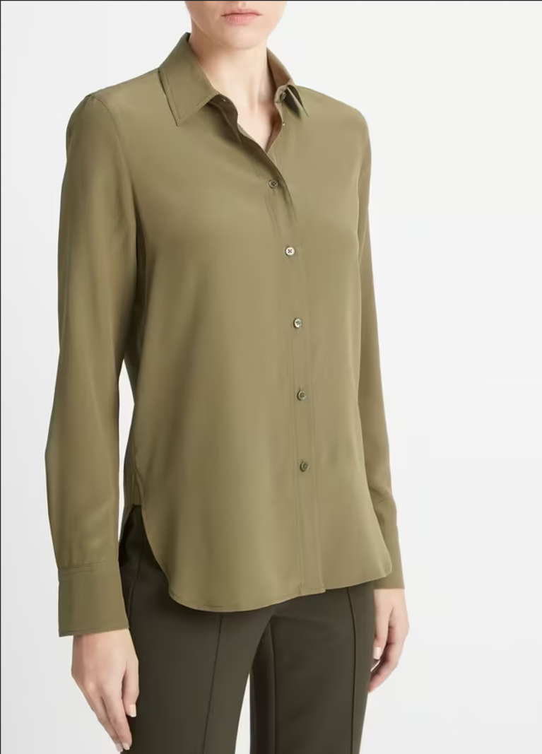 VINCE Stretch Silk Slim-Fit Shirt - Washed Vine