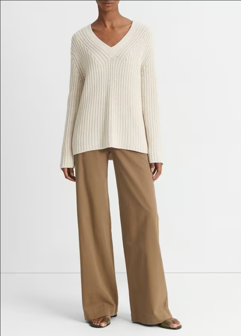 VINCE Shaker Stitch V-Neck Sweater - Light White Sand