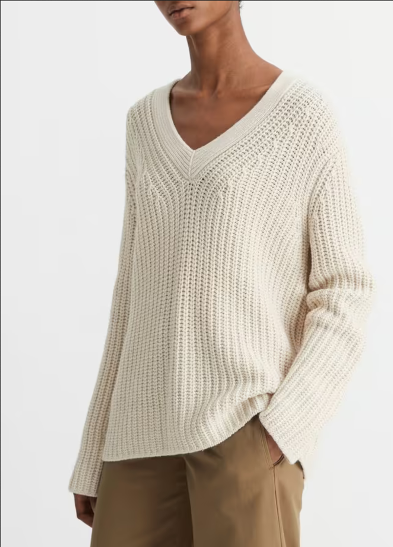 VINCE Shaker Stitch V-Neck Sweater - Light White Sand