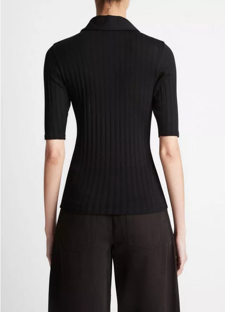VINCE Cotton Elbow Sleeve Polo Shirt - Black