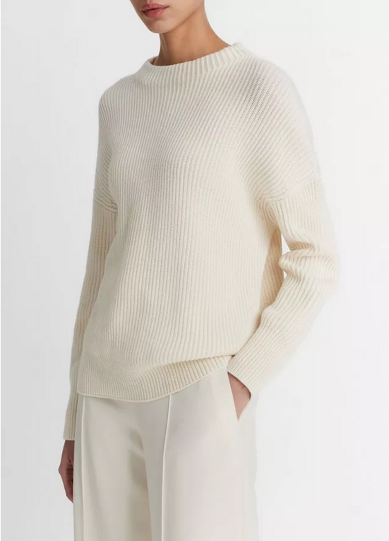 VINCE Ribbed Cotton Cashmere Funnel Neck Sweater - Ivory