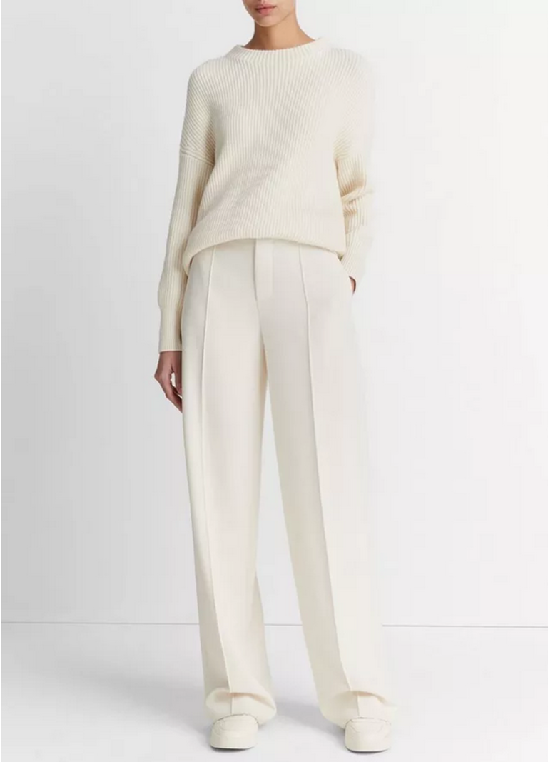 VINCE Ribbed Cotton Cashmere Funnel Neck Sweater - Ivory