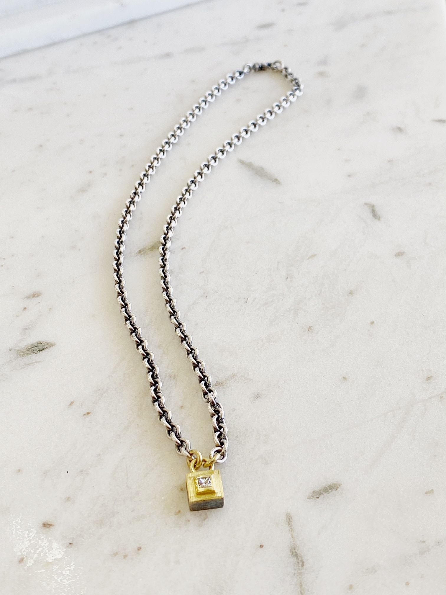 RENE ESCOBAR Princess Cut Diamond on Silver Link Necklace - 22"