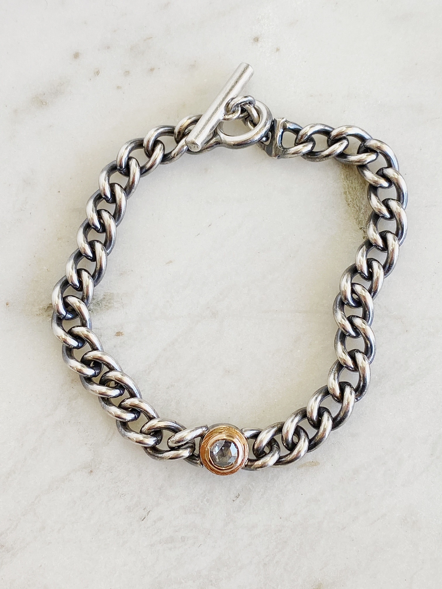 RENE ESCOBAR Silver Link Bracelet with Rose Gold Salt & Pepper Diamond