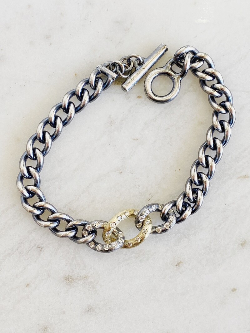 RENE ESCOBAR Silver Curb Chain Bracelet with Three Diamond Links