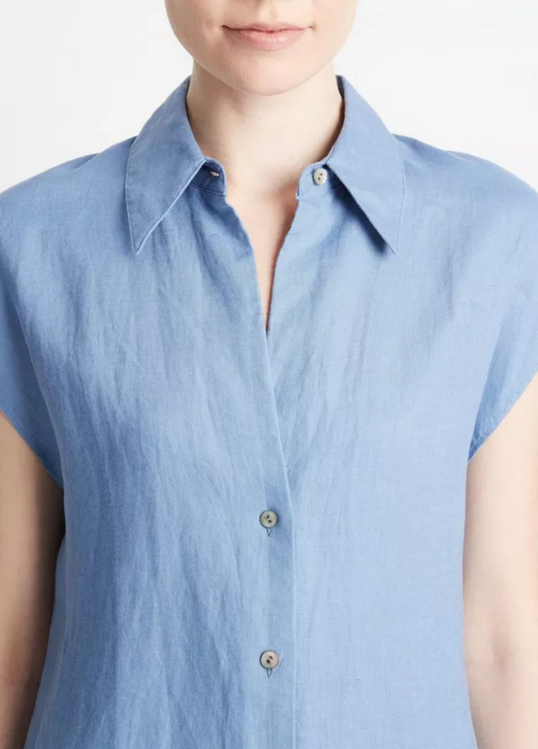VINCE Linen Cap Sleeve Button Front Blouse -