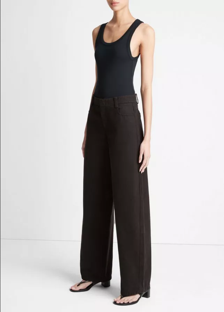 VINCE Washed Cotton Twill Wide Leg Pant - Black