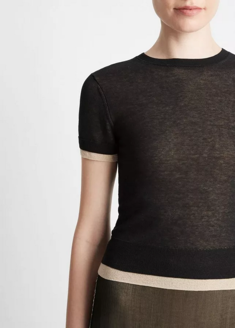 VINCE Double Layer Knit T-Shirt - Black & Oat Sand